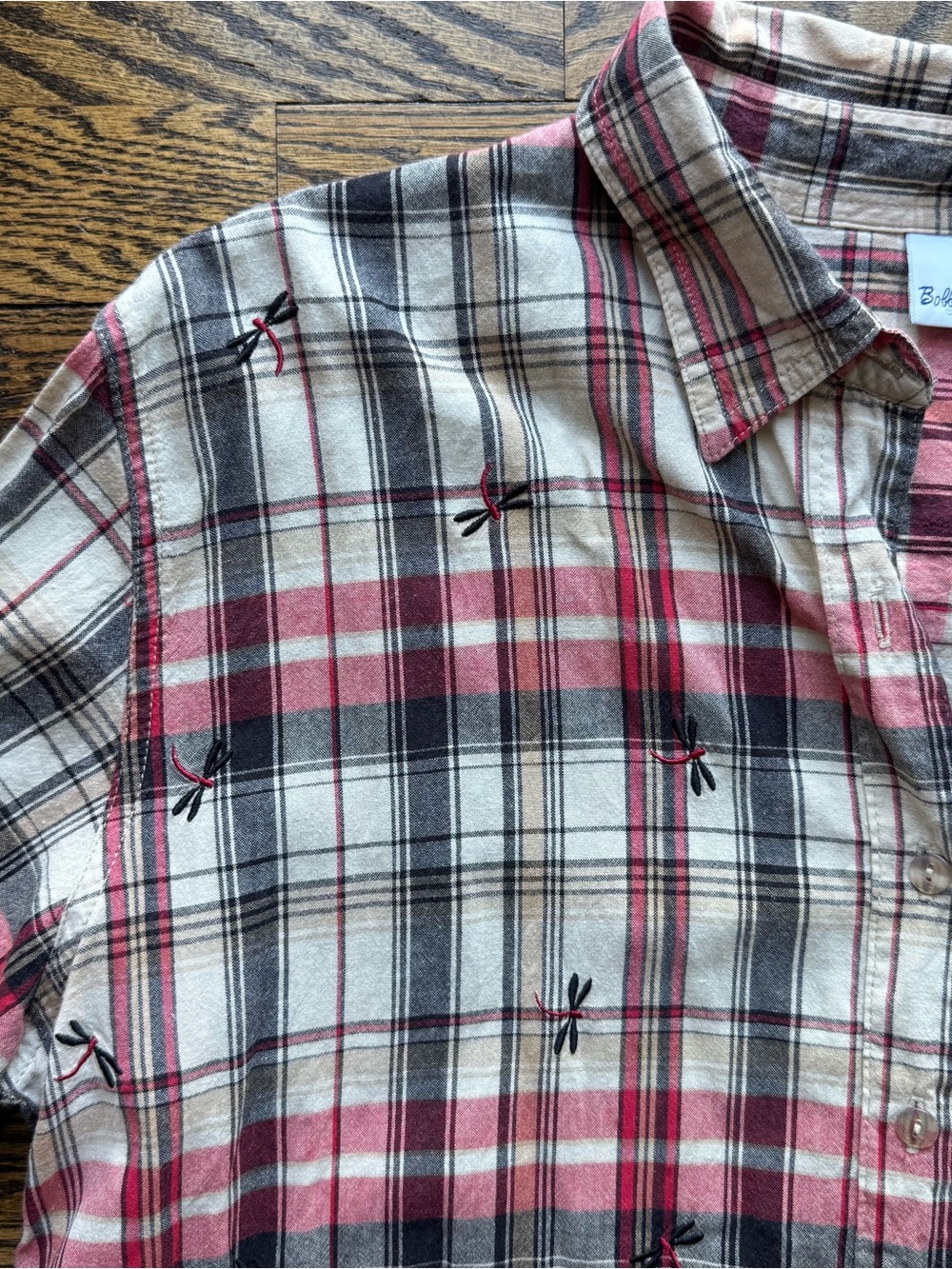 Bobbie Brooks Dragonfly Embroidered Vintage Plaid Button Up Shirt XL